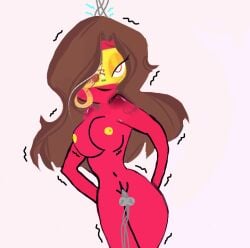 black_lipstick brainwashed brainwashing brown_hair countryhumans countryhumans_girl hypnosis hypnotic_eyes hypnotized mind_control red_body reprogramming robot robot_girl robotization shivering spain_(countryhumans) wires