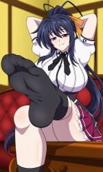 1girls 1girl alone solo_focus solo_female solo blurry_background blurry blurred_background sitting sitting_on_sofa red_sofa in_room room akeno_himejima himejima_akeno high_school_dxd long_hair long_ponytail high_ponytail orange_ribbon ribbon dark_hair dark_blue_hair pink_eyes antennae antenna_hair black_ribbon school_uniform white_skin white_uniform kuoh_academy_school_uniform kuoh_academy_uniform short_sleeves puffy_sleeves corset black_corset red_skirt pleated_skirt black_socks foot_fetish foot_focus feet feet_up feet_focus cel_shading one_leg_up legs leg_up looking_at_viewer smug smug_face smug_expression smile closed_mouth closed_smile blush blushing thick_thighs huge_breasts huge_thighs huge_tits big_breasts big_boobs cute cute_face seductive seductive_look