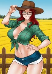 ai_generated ai_jago_dibuja cowboy_hat cowboy_shot farmland fence field field_background glasses green_eyes hand_on_hip holding_hat jean_shorts large_breasts leaning_to_the_side living_with_hipstergirl_and_gamergirl looking_at_viewer plaid_shirt rectangular_glasses red_hair shorts smile smile_at_viewer sophie_(living_with_hipstergirl_and_gamergirl) tied_shirt wink winking_at_viewer