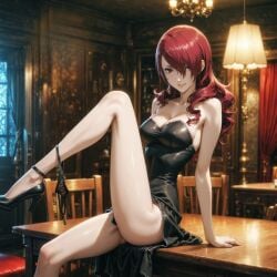 ai_generated bedroom black_dress breasts cleavage female female_only hair_over_one_eye high_heels horny legs legs_up little_black_dress long_legs looking_at_viewer mitsuru_kirijo panties panties_around_ankles panties_around_leg persona persona_3 red_eyes red_hair seductive sexy sexy_dress sexy_female sexy_pose short_dress showing_off sitting_on_table slim_waist smile table thighs thong