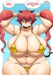 1girls alternate_breast_size alternate_hairstyle big_breasts blush bunching_hair busty cat_ears cat_girl cat_tail chocofl4n curvy english_text eris_greyrat fat fat_female female female_only gigantic_breasts gold_bikini highleg_bikini holding_own_hair hyper long_hair looking_at_viewer micro_bikini mushoku_tensei navel pose posing pubic_hair solo text thick_thighs thong_bikini twintails venus_body voluptuous wide_hips