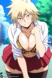 breasts 1girl mature_female blonde_hair skirt red_eyes thighhighs spiked_hair shirt large_breasts open_shirt looking_at_viewer cleavage smile open_clothes short_hair blush outdoors white_shirt red_skirt day pleated_skirt underwear solo bra leaning_forward sky animal_print leopard_print collarbone mitsuki_bakugou bakugou_mitsuki boku_no_hero_academia my_hero_academia unjobdespiert ai_generated 1female curvy huge_breasts huge_ass big_breasts big_ass 1girls 2026 artist_name watermark hi_res highres high_quality high_resolution patreon_username patreon