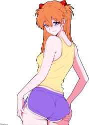 accurate_body_type accurate_proportions ass asuka_langley_sohryu blue_eyes brown_hair clothed dolphin_shorts female female_only looking_at_viewer looking_back moloko_o neon_genesis_evangelion shorts simple_background suggestive tagme tank_top