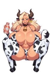 ai_generated bikini breasts cow_bikini cow_print_bikini cowkini female huge_breasts large_breasts momo_yaoyorozu my_hero_academia gigantic_breasts cow_ears bull_horns horns tag ear_tag cow_bell_collar cow_tail blonde_hair milk_bottle