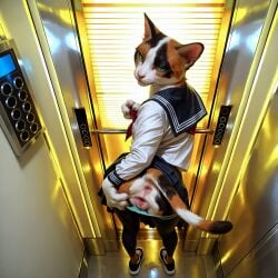 ai_generated tagme furry 2026 pleasedontlook calico_cat domestic_cat felid feline felis mammal cat hi_res 4_fingers animal_genitalia animal_pussy anthro anus bodily_fluids bottomwear bottomwear_down claws clothed clothing elevator feline_genitalia feline_pussy female fingers footwear fur genital_fluids genitals high-angle_view inside inviting leggings legwear looking_at_viewer mottled multicolored_body multicolored_fur panties panties_down pants pants_down partially_clothed paws piebald presenting pupils pussy pussy_juice realistic school_uniform shoes skirt slit_pupils smug_face solo spread_pussy spreading underwear underwear_down uniform whiskers