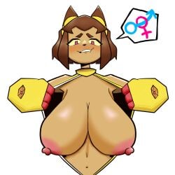 1girl solo anthro furry cat_girl big_breasts huge_breasts breasts nipples nude topless brown_hair short_hair cat_ears blush fangs grin smug looking_at_viewer speech_bubble yellow_armor shoulder_armor gauntlets melonmiloc fanart gender_symbol_penetration biting_lip felis gameoverse glitch_productions kit_(gameoverse) thick_nipples