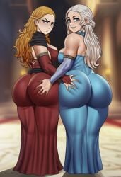 2girls ai_generated annoyed ass ass_bigger_than_head ass_focus ass_grab ass_outline big_ass big_breasts big_butt blonde_female blonde_hair blue_dress boobs breasts cersei_lannister daenerys_targaryen dress female female/female female_focus female_only game_of_thrones light-skinned_female light_skin long_hair looking_at_viewer red_dress smiling smiling_at_viewer take_your_pick white_hair