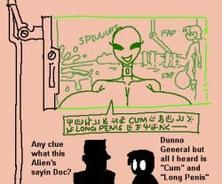 1girls 3boys alien cum cumming duo_focus ejaculate ejaculating ejaculating_cum ejaculation english_text fap gigantic_breasts huge_breasts lewdicrousart long_penis penis semen speaking speech_bubble splurt tagme talking text very_long_penis