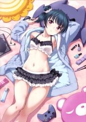 1girls 2017 :o absurd_res arm_behind_head armpits arms_up bathrobe bed bed_sheet black_bow black_skirt blue_hair blush book bow breasts collarbone controller copyright_notice cosmetics cowboy_shot crop_top earbuds earphones earphones_removed female female_focus female_only frilled_skirt frills from_above game_controller groin hair_bun hair_ornament hair_scrunchie halterneck highres holding holding_own_hair indoors inou_shin lipstick_tube logo long_hair looking_at_viewer love_live! love_live!_school_idol_festival love_live!_sunshine!! lying makeup midriff miniskirt nail_polish nail_polish_bottle navel official_art on_back open_clothes open_robe pillow playing_with_own_hair purple_eyes robe scan scrunchie shadow side_bun single_side_bun skirt small_breasts solo stuffed_animal stuffed_toy teddy_bear thighs tsushima_yoshiko watermark white_scrunchie