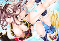 street_fighter street_fighter_v chun-li chun-li_(battle_ouffit_sfv) cammy_white maruto yqgkg brown_hair brown_eyes long_hair blonde_hair blonde_female blonde blonde-haired_female blue_eyes leotard blue_leotard kicking boots black_boots dress chinese_clothes black_dress breasts big_breasts large_breasts exposed_breasts 2girls female capcom