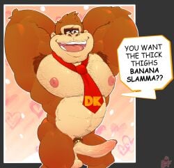 accessory anthro ape armpit_hair balls beefkek big_balls big_penis body_hair cock_ring comic_sans donkey_kong_(character) donkey_kong_(series) english_text facial_hair flexing flexing_bicep furry genitals hands_behind_back haplorhine heart_symbol hi_res jewelry kong looking_down male mammal moobs musclegut muscular necktie nintendo pecs penis penis_accessory penis_jewelry presenting primate slightly_chubby smile smirk smug solo text thick_thighs_pussy_salad