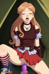 solo skirt dildo closed_eyes long_hair tongue sex_toy pussy striped_socks uncensored socks pussy_juice open_mouth vaginal tongue_out jewelry red_skirt female_masturbation striped_clothes necklace brown_hair belt object_insertion no_panties breasts choker shirt bare_shoulders masturbation dildo_riding vaginal_object_insertion makeup spread_legs blush lipstick rule34lab hi_res ai_generated sophie_casterwill huntik 1girls female vaginal_insertion vaginal_masturbation dildo_in_pussy dildo_insertion