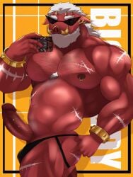anthro balls bara barazoku beard big_daddy_(zenless_zone_zero) body_hair boner erection facial_hair firstfoxred furry jockstrap male male_focus male_only muscles muscular nipple_piercing penis penis_piercing phone red_skin scars solo solo_male suina sunglasses sus_(pig) tusks white_hair zenless_zone_zero