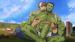 2boys abs another_eidos_of_dragon_vein_r balls bara bare_breasts beard beefy biceps big_areola big_glans big_penis blush breasts broad_shoulders brown_hair censored censored_balls censored_penis chest_hair circumcised collarbone cow crossed_legs daddy dilf duo embarrassed erection farm frenulum gay giant grabbing grabbing_breasts grabbing_from_behind green_penis green_skin hairy hi_res hrio huge_cock hunk interspecies leg_hair macro macrophilia male male/male male_breasts male_only manly mature_male moobs morning mosaic_censoring multicolored_hair muscles muscular muscular_arms muscular_legs muscular_male muscular_neck muscular_thighs nipple_play nude open_clothes orc pecs penis penis_bigger_than_head penis_out pointy_ears practically_nude realistic_background red_glans retracted_foreskin short_hair silo sitting six_pack sky sunlight teeth_showing thick_eyebrows thick_penis tough_guy two-tone_hair veiny_penis white_hair yaoi
