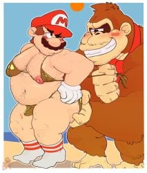 2boys anthro ape beefkek belly big_butt big_hands bikini blush body_hair butt butt_grab butt_hair clothing clothing_pull dominant donkey_kong donkey_kong_(series) duo erection erection_under_clothing footwear fur furry furry_male gay gloves gold_bikini gorilla grope hairy hand_on_butt handwear haplorhine hi_res human human_male interspecies larger_male light-skinned_male light_skin looking_back male male/male male_nipples mammal mario mario_(series) mario_hat moobs muscular nintendo overweight overweight_male primate size_difference slightly_chubby smaller_male smile smirk socks swimwear two-piece_swimsuit undressing yaoi