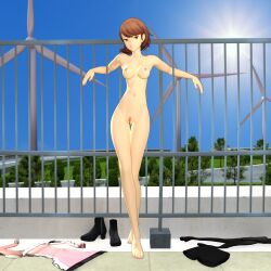 1girls atlus breasts clothes_on_floor completely_naked completely_nude dress_removed exhibitionism female female_only leaning_back naked nipples nude ofugh outdoors persona persona_3 pubic_hair public public_indecency public_nudity pussy shoes_removed skirt_removed socks_removed yukari_takeba