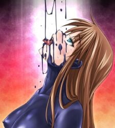 1girls artist_request black_goo blue_eyes bodysuit brown_hair dripping erect_nipples female female_only goo_on_face goo_transformation horny_female hypnotized liquid_latex living_latex medium_breasts second_skin skin_tight tongue_out