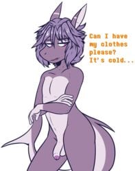 2017 alpha_channel anthro balls blush crackers english_text fish flaccid hair looking_aside male male_only marine nude open_mouth penis purple_body purple_eyes purple_hair shark simple_background solo standing text transparent_background