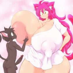 1boy 1girls :3 ai_generated anthro anthro_cat areolae balls big_breasts big_nipples black_fur bottomless breastfeeding breasts cat_ears cat_girl cat_tail catboy catgirl collarbone drinking_breastmilk drinking_from_breasts enormous_breasts gigantic_breasts got_milk? hataraki_ari huge_breasts large_areolae large_breasts long_nipples massive_breasts milkcat_(hataraki_ari) nipple_bulge nipples_visible_through_clothing oversized_shirt penis pink_hair shirt shirt_only sucking_breasts sucking_nipple thick_thighs white_shirt wide_hips yellow_eyes