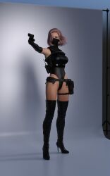 1girls 3d 3d_(artwork) aiming_weapon armwear assassin beautiful_woman belt black_armwear black_high_heel_boots black_leotard dyed_hair emotionless emotionless_female female_assassin female_only femdom high_heeled_boots high_resolution highres holding_gun holding_pistol indifferent leotard masked_female mature_woman navel original pink_hair pink_hair_female rose_(vitamindddd) short_hair short_hair_female tactical_belt unbothered vitamindddd
