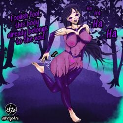 background black_sclera corrupted corrupted_clothing corruption hivemind kai'sa league_of_legends possessed possession pubic_tattoo purple_clothing purple_eyes purple_hair tattoo text transparent_clothing veigoart void