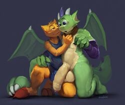 2016 anthro blush brokenwing claws clothed clothing dragon feline fur green_scales horn male male_only mammal nude open_mouth oselotti penis purple_eyes rubber scales simple_background smile toe_claws yellow_eyes yellow_fur