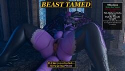 3d_(artwork) anal angry anthro arm_tuft begging begging_for_more blender_(artwork) blender_cycles_(artwork) boss_fight breasts cheek_tuft claws cunnilingus digital_media_(artwork) dominant dominant_human dominant_male dragon duo elbow_tuft english_text facial_tuft fangs female game_ui gameplay_mechanics genitals glowing glowing_eyes hair hi_res horn human jace_rodyn larger_female larger_sub legs looking_at_viewer male male/female mammal moan mythological_creature mythological_scalie mythology neck_tuft nipples nude oral pillar purple_body purple_eyes purple_hair purple_nipples retro_raptor scalie sex size_difference smaller_male spread_legs spread_vulva spreading stained_glass standing_on_tail submissive submissive_anthro submissive_female tail talking_to_viewer teeth text text_box title tuft vaginal vulva wings