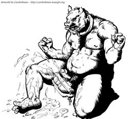 anthro ballbusting balls black_and_white boar cock_and_balls_torture cum cum_on_ground cum_on_leg cum_on_self cumshot cureboltium ejaculation fangs foreskin humanoid_penis male male_only mammal monochrome musclegut muscular muscular_male nude orgasm partially_retracted_foreskin penis porcine retracted_foreskin simple_background solo uncircumcised white_background
