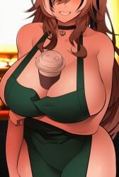 1girls ai_generated apron apron_only arm_under_breasts barista between_breasts big_breasts breasts brown_hair choker cleavage curvy female female_focus green_apron holding_cup hololive hololive_english hololive_english_-council- hololive_english_-promise- indoors long_hair looking_at_viewer nanashi_mumei wide_hips