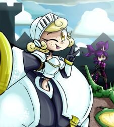 2girls armor armored_female ass blonde_hair castle castle_background crown curly_hair dragon felicity_fullbright female female_focus female_only fishnet_legwear fishnets freckles freckles_on_face hips hyper hyper_ass knight knight_armor large_ass midriff organicgranite peace_sign ponytail purple_eyes purple_hair relia_novus thick_thighs thighs thin_waist tiny_waist tongue tongue_out v_sign wide_hips winking winking_at_viewer yellow_eyes