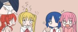 4girls blonde_hair blue_hair blush bocchi_the_rock! brown_background chibi chibi_only chikan embarrassed fingering flying_sweatdrops gotoh_hitori gotou_hitori hand_in_another's_panties hippo_power ijichi_nijika kessoku_band kita_ikuyo long_hair molestation multiple_girls panties pink_hair red_hair revision short_hair side_ponytail simple_background spoken_inset surprised thumbs_up underwear yamada_ryou