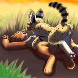 3_toes 4_fingers absurd_res anthro bite breast_bite breast_play breasts caracal caracal_(genus) duo feet felid feline female female/female fingers genitals hi_res lewdkitten069 male mammal paws serval toes vulva