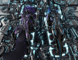 andi_(korozjin) anthro aquatic bdsm black_body blue_stripes bodysuit breasts claws clothing cyberpunk duo eleode female fish hair hi_res latex machine mask navel nyghtwulf restraints robot shark skinsuit stripes tail tight_clothing translucent translucent_latex