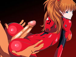 1boy ass asuka_langley_sohryu blush buttjob censored clothing covered_buttjob female geafcart huge_ass looking_back medium_breasts mosaic_censoring neon_genesis_evangelion orange_hair penis plugsuit rubbing