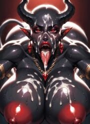 ai_generated ass_cheeks bald_female bent_forward black-skinned_female black_body black_scales close-up close_up_view cum cum_in_mouth cum_on_breasts cum_on_face demon_queen demoness dripping_cum female female_only high_quality horns huge_ass huge_breasts jewelry long_tongue looking_at_viewer moonchild41 nude original_character pointy_ears pov red_eyes red_lips red_nipples sable sweat thick_thighs wide_hips