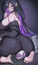 nextoad huge_breasts huge_ass thick_thighs wide_hips label_(nikke) goddess_of_victory:_nikke skull sitting_on_skull curvy ass_focus from_behind looking_back feet toes soles