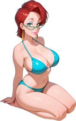 1girls ai_generated bikini blue_bikini breasts cleavage earings female ghostbusters glasses green_eyes janine_melnitz large_breasts looking_at_viewer makeup red_hair short_hair the_real_ghostbusters