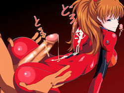 1boy ass asuka_langley_sohryu blush buttjob censored clothing covered_buttjob cum female geafcart huge_ass huge_cock looking_back medium_breasts mosaic_censoring neon_genesis_evangelion orange_hair penis plugsuit rubbing