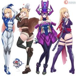 2d absurdres animal animal_ears arms_up ass bikini blonde_hair blue_bodysuit bodysuit boots breasts brown_jacket brown_shorts closed_eyes commentary cosplay dismaiden ear_piercing english_commentary fantastic_four female fingerless_gloves flower full_body galacta galacta_(cosplay) gloves gradient_hair green_gloves green_thighhighs grin gyaru heart helmet highres jacket jeff_(marvel) kitagawa_marin leotard long_hair marvel marvel_rivals medium_breasts micro_shorts multicolored_hair multicolored_helmet multiple_views open_mouth patreon_logo patreon_username piercing pink_eyes pink_hair psylocke psylocke_(cosplay) psylocke_(vengeance) purple_flower purple_helmet purple_leotard shark shorts simple_background smile sono_bisque_doll_wa_koi_wo_suru squirrel squirrel_ears squirrel_girl_(marvel) squirrel_girl_(marvel)_(cosplay) squirrel_tail standing standing_on_one_leg sue_storm sue_storm_(cosplay) swimsuit tail teeth thigh_boots thigh_strap thighhighs two-tone_bodysuit white_background white_bodysuit x-men