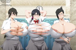 3girls big_breasts black_hair bleach blush blushing brown_hair bursting_breasts button_gap ero-enzo female_only females_only glasses huge_breasts huge_nipples hyper_breasts ikumi_unagiya ise_nanao lisa_yadomaru looking_at_viewer multiple_girls nipple_bulge nipple_slip nipples ripped_clothes ripped_clothing school_uniform tearing_open_top torn_clothes torn_clothing torn_open_top unagiya_ikumi wardrobe_malfunction yadoumaru_lisa