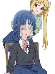 2girls black_jacket blonde_hair blue_hair bocchi_the_rock! chair disembodied_head dullahan green_jacket hair_ornament hairclip hands_on_another's_cheeks hands_on_another's_face highres ijichi_nijika jacket jbxpism misplaced_genitals multiple_girls on_chair penis penis_neck ponytail pussy shirt side_ponytail simple_background sitting solo textless_version uncensored what white_background white_shirt yamada_ryo yellow_eyes