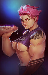 1boy 1girls 2d abs big_penis blizzard_entertainment breasts crop_top cum cum_on_body cum_on_breasts cum_on_clothes cum_on_upper_body disembodied_penis eyebrows female green_eyes handjob huge_penis male medium_breasts muscle muscular_female navel nipple_slip nipples overwatch penis perky_breasts pink_hair raunchyninja scar scar_across_eye short_hair solo_focus straight tattoo tomboy uncensored underboob very_short_hair yellow_eyes zarya