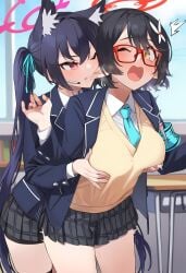 2girls ^^^ ai_generated animal_ear_fluff animal_ears armband ayane_(blue_archive) bangs bike_shorts biting black_clothes black_hair black_legwear black_shorts black_skirt blazer blue_archive blue_necktie blue_neckwear blue_ribbon blush braid breast_grab breasts cat_ears classroom clothing collared_shirt desk ear_biting extra_ears eyewear female glasses grabbing grabbing_another's_breast grabbing_from_behind hair_flower hair_ornament hair_ribbon halo indoors jacket kuromi_serika large_breasts leaning_forward legwear long_hair long_sleeves looking_at_another miniskirt multiple_girls necktie neckwear okusora_ayane one_eye_closed open_mouth plaid plaid_skirt pleated_skirt red-framed_eyewear red_eyes red_halo ribbon school_desk school_uniform serika_(blue_archive) shaddai shirt short_hair shorts skirt smile standing sweat sweater_vest teeth thighs trembling twintails uniform very_long_hair white_shirt yellow_eyes yuri
