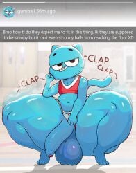 3_toes anthro ass balls barefoot big_balls big_butt big_penis black_eyebrows black_eyes black_whiskers blue_body blue_ears blue_fur blue_tail bottomwear cartoon_network clothing crop_top crouching domestic_cat english_text eyebrows feet felid feline felis foreskin fur genitals gumball_watterson hi_res huge_balls huge_butt huge_cock huge_thighs humanoid_genitalia humanoid_penis long_tail looking_at_viewer male mammal navel onomatopoeia orange_nose penis red_clothing red_shirt red_topwear senordraws shirt skirt smile snapchat solo sound_effects tail text the_amazing_world_of_gumball thick_thighs toes topwear whiskers white_bottomwear white_clothing white_skirt
