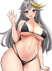 arm_at_side bare_shoulders bikini black_bikini blonde_hair breasts brown_eyes cleavage collarbone contrapposto cowboy_shot empress_(last_origin) female from_below grey_hair highleg highleg_bikini highres large_breasts last_origin linea_alba long_hair looking_at_viewer micro_bikini multi-strapped_bikini navel official_alternate_costume open_mouth purple_pupils sayashi_(type5_labyrith) simple_background smile solo swimsuit underboob waving white_background