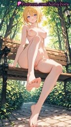 1girls 2025 ai_generated attack_on_titan bangs barefoot bench blonde_hair blue_eyes blush breasts cleft_of_venus collarbone completely_nude feet full_body hair_between_eyes hi_res highres historia_reiss knee_up lamppost legs looking_at_viewer medium_breasts natsuyoru navel nipples nude on_bench open_mouth outdoors park_bench patreon public_indecency public_nudity pussy shaved_vagina shingeki_no_kyojin sitting smile soles solo thighs toenails toes tree uncensored vagina voluptuous voluptuous_female