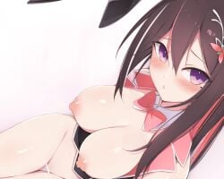 azki_(hololive) bar_censor blush bow bowtie breasts brown_hair censored choumei_(qca012005) hair_ornament hairpin highres hololive large_breasts mole mole_under_eye nipples no_panties pink_eyes pink_hair playboy_bunny white_background