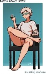 barefoot bottomless feet glasses lolipop noisetanker phi_(zero_escape) sitting sitting_on_chair virtue's_last_reward white_hair zero_escape zero_time_dilemma