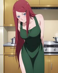 1girls ai_generated apron apron_only bare_chest bare_shoulders bare_thighs barely_clothed big_breasts blue_eyes blush bracelet breasts breasts_bigger_than_head child_bearing_hips facing_viewer female female_only fossillight front_view functionally_nude functionally_nude_female green_apron hair_ornament hairclip hands_on_hips hourglass_figure housewife huge_breasts indoors kitchen light-skinned_female light_skin long_hair looking_at_viewer mature mature_female milf naked_apron naruto naruto_(series) naruto_shippuden partially_clothed partially_clothed_female pinup red_hair sagging_breasts slim_waist thick_thighs thighs upper_body uzumaki_kushina very_long_hair voluptuous wide_hips wife