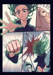 3koma 4boys absurdres ass aura blood clenched_hand closed_mouth comic curly_hair death female floating floating_hair green_eyes green_hair highres looking_at_another male male_death multiple_boys one-punch_man open_hand short_hair tatsumaki telekinesis ttf ugly_bastard